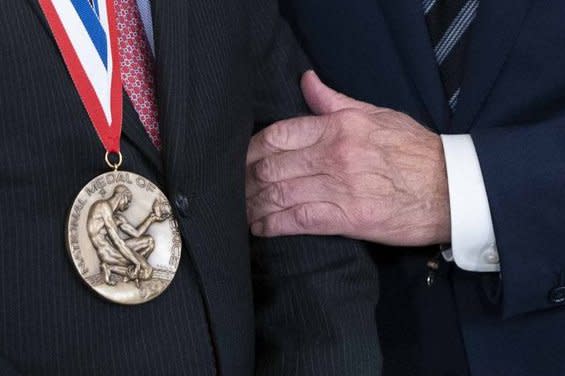 President Joe Biden awards a National Medal of Science during a ceremony in the East Room of the White House in Washington, D.C., on Tuesday. Photo by Bonnie Cash/UPI