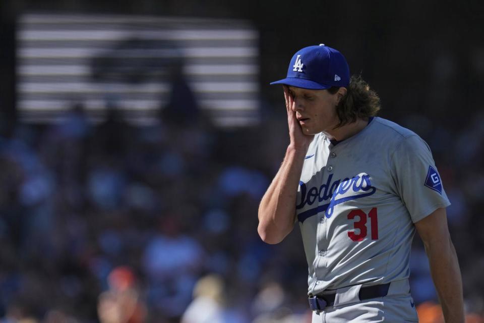 Dodgers pitcher Tyler Glasnow walks to the dugout after the third inning Saturday against the Giants.