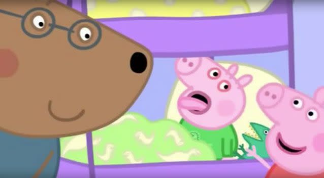 Dr Brown Bear visits a piglet with a cough. Source: Peppa Pig