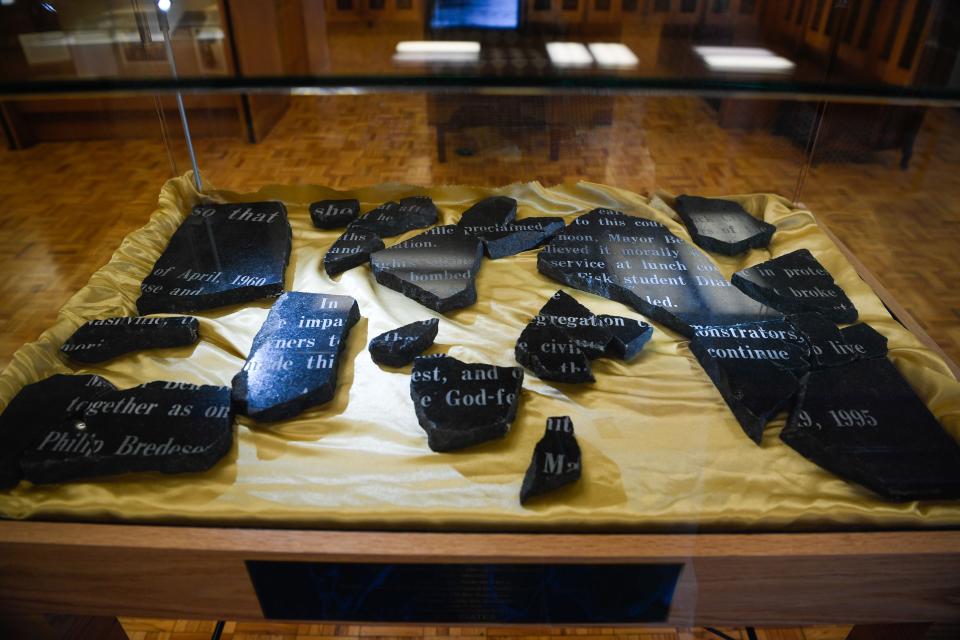 Pieces of the broken Civil Rights plaque, due to the 2020 protests, was donated to Fisk University in Nashville, Tenn., Tuesday, April 19, 2022. 