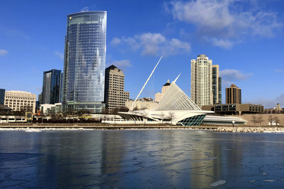 FILE - Milwaukee's skyline along Lake Michigan is seen on Feb. 8, 2019. A bid to bring the 2024 Republican National Convention to Nashville has hit a roadblock in the Democratic-leaning city's metro council, where opposition has led proponents to withdraw a proposed agreement about how to host the event. Officials in the other finalist city, Milwaukee, approved a similar framework early last month that runs through the logistics of hosting it there. (AP Photo/Carrie Antlfinger File)