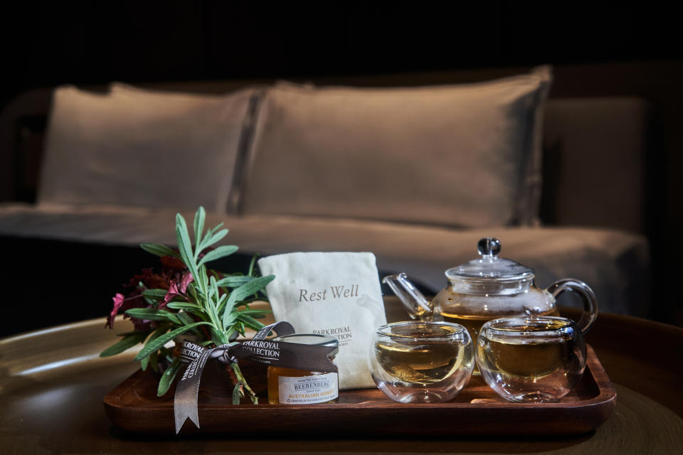 Parkroyal Collection’s Sleep Ritual turndown service features fresh herbs from the Urban Farm, accompanied by a tea set and scented pillow pouch