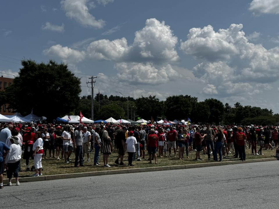 A large crowd waits to enter the Donald Trump rally in Harrisburg on Wednesday afternoon.