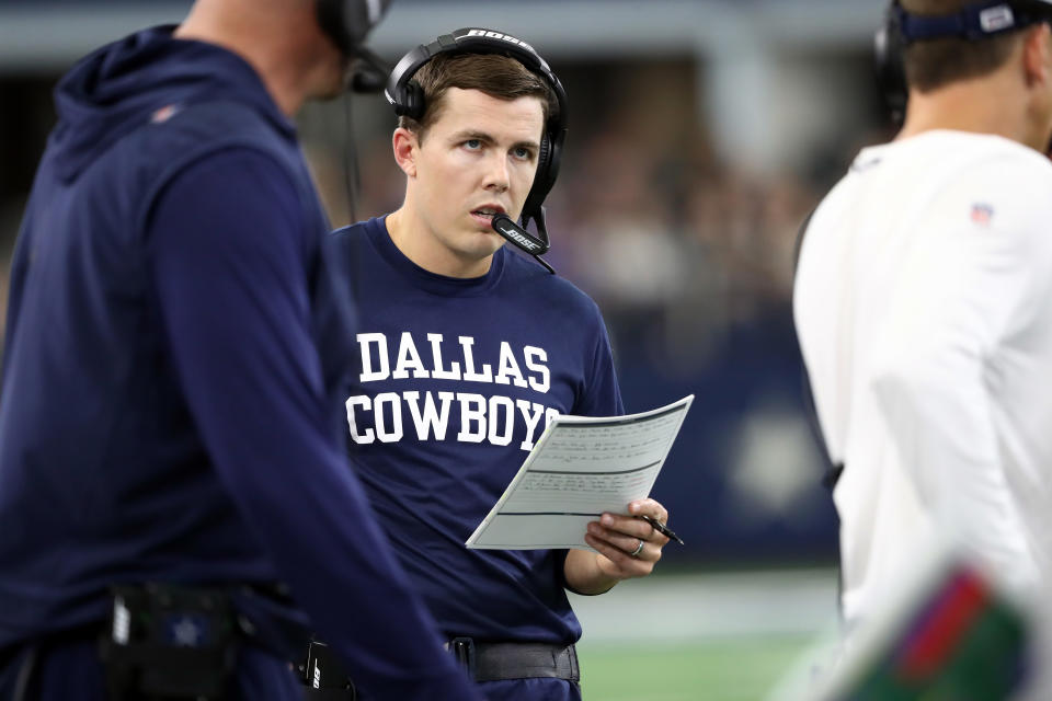 ARLINGTON, TEXAS - SEPTEMBER 22:  Offensive coordinator Kellen Moore of the Dallas Cowboys at AT&T Stadium on September 22, 2019 in Arlington, Texas. (Photo by Ronald Martinez/Getty Images)