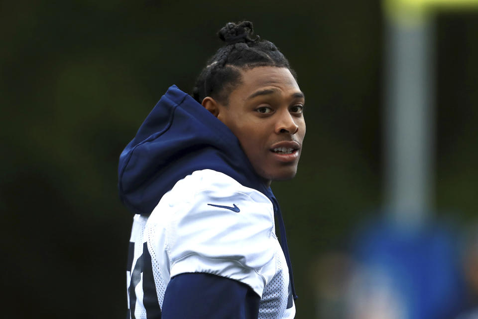 LA Rams Jalen Ramsey takes part in an NFL training session at the Grove Hotel in Chandler's Cross, Watford, England, Friday, Oct. 25, 2019. The LA Rams are preparing for an NFL regular season game against the Cincinnati Bengals in London on Sunday. (AP Photo/Leila Coker)