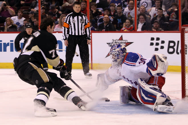 OTTAWA, ON - JANUARY 28: Evgeni Malkin #71 of the Pittsburgh Penguins and Team Chara takes a shot on Henrik Lundqvist #30 of the New York Rangers and Team Alfredsson during Tim Hortons NHL Elimination Shoot Out part of the 2012 Molson Canadian NHL All-Star Skills Competition at Scotiabank Place on January 28, 2012 in Ottawa, Ontario, Canada. (Photo by Christian Petersen/Getty Images)