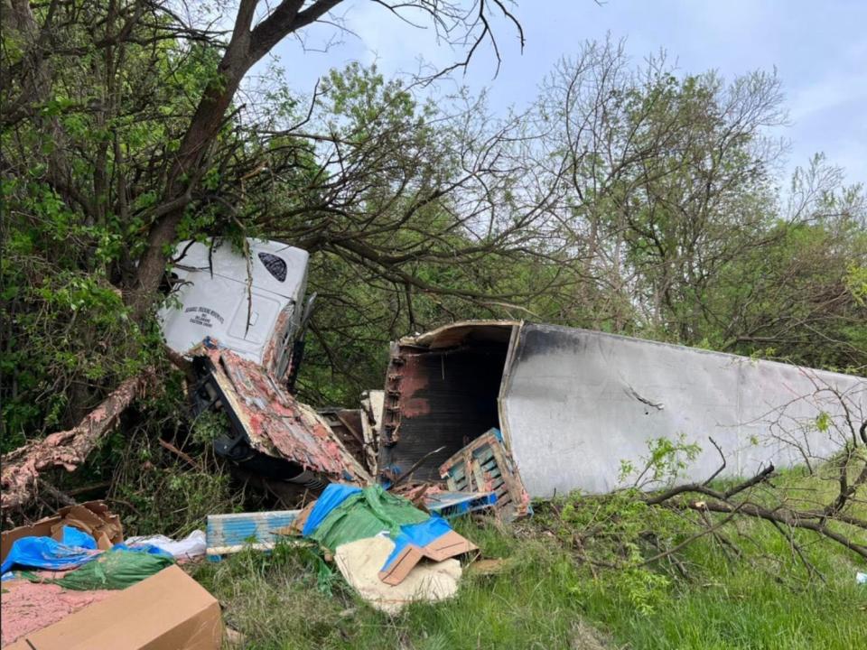 A tractor-trailer hauling meat products overturned on I-70 West in Pennsylvania on May 20, 2022.