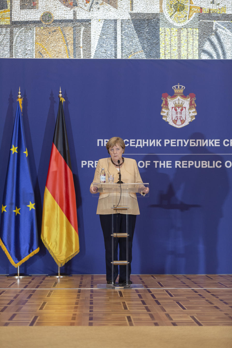 German Chancellor Angela Merkel is seen during a press conference in Belgrade, Serbia, Monday, Sept. 13, 2021. Merkel is on a farewell tour of the Western Balkans, as she announced in 2018 that she wouldn't seek a fifth term as Germany's Chancellor. (AP Photo/Marko Drobnjakovic)