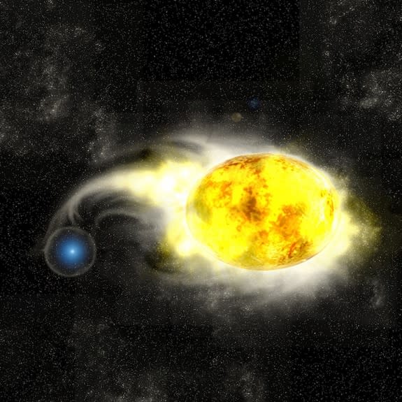 This artist's conception shows what scientists believe to be the progenitor system of the supernova SN 2011dh, which exploded in the Whirlpool galaxy in May 2011. The system consists of a blue star and a yellow supergiant.