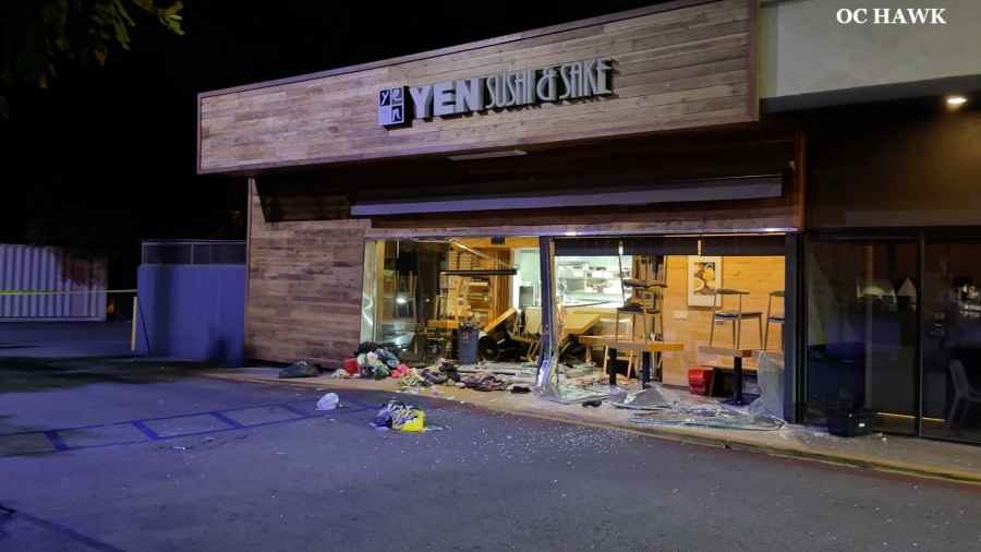 Yen Sushi & Sake Bar is seen after a vehicle crashed into it.