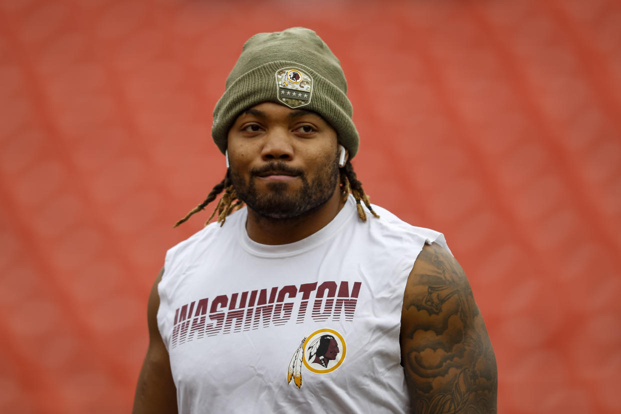 LANDOVER, MD - NOVEMBER 17: Derrius Guice #29 of the Washington Redskins looks on before the game against the New York Jets at FedExField on November 17, 2019 in Landover, Maryland. (Photo by Scott Taetsch/Getty Images)