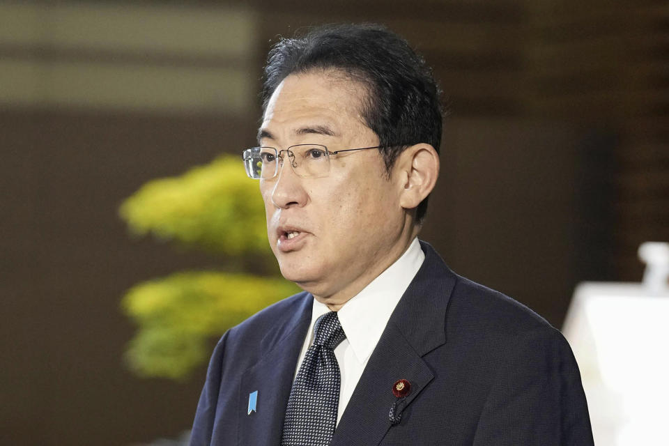 Japan's Prime Minister Fumio Kishida speaks to reporters about North Korea's rocket launch at his office in Tokyo Wednesday, May 31, 2023. North Korea launched a rocket Wednesday, South Korea and Japan said, prompting brief evacuations in those countries as the North appeared to be attempting to put its first military spy satellite into orbit. (Kyodo News via AP)