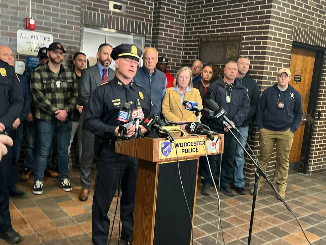 Interim Worcester Police Chief Paul Saucier speaks at a news conference Monday night following the arrest of murder suspect Dejan Belnavis.