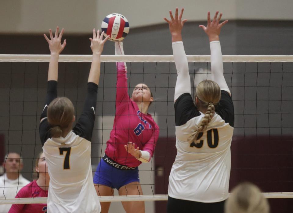 Community School of Naples and Bishop Verot play in the third place game of the Private 8 Volleyball Championships on Thursday, Sept. 14, 2023, at First Baptist Academy in Naples.
