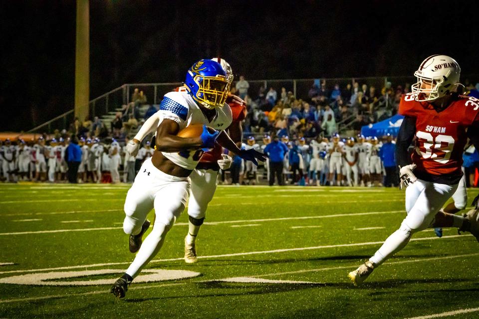 Brunswick High's Jayden Drayton turns the corner to slip into the end zone during a game earlier this season. The Pirates used their speed to defeat Effingham County in Frida's regional championship game.