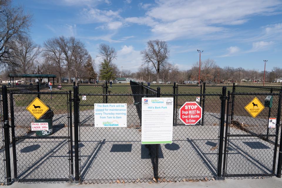 The Hill's Bark Park at Gage Park is separated into an area for small dogs and one for large dogs. It is closed 7-8 a.m. Thursdays for maintenance.