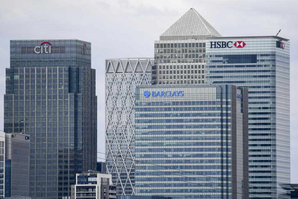 General view of the now empty Canary Wharf' skyscrapers in London, Thursday, April 2, 2020.The new coronavirus causes mild or moderate symptoms for most people, but for some, especially older adults and people with existing health problems, it can cause more severe illness or death.(AP Photo/Alberto Pezzali)