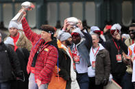 Kansas City Chiefs quarterback Patrick Mahomes holds the Vince Lombardi trophy during a Super Bowl rally in Kansas City, Mo., Wednesday, Feb. 5, 2020. (AP Photo/Orlin Wagner)