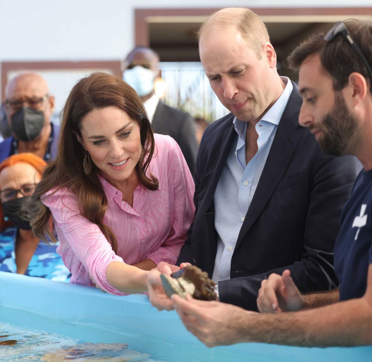 CORAL VITA, BAHAMAS - MARCH 26: Catherine, Duchess of Cambridge and Prince William, Duke of Cambridge visit 2021 Earthshot Prize Winner, Coral Vita on March 26, 2022 in Coral Vita, Bahamas. Coral Vita was the inaugural winner of the Revive Our Oceans Earthshot in recognition of their ground-breaking work to give new life to dying coral reefs. Their approach, which utilizes an innovative restoration funding model while farming corals on land before planting them into oceans, sees coral grow up to 50 times faster than traditional methods and improves their resilience to the impacts of climate change. (Photo by Ian Vogler - Pool/Getty Images)