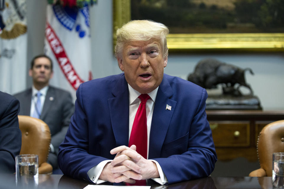 US President Donald Trump speaks during a briefing with airline executives at the White House in Washington.