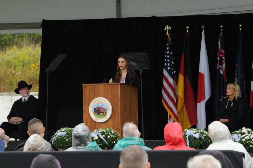 Connie Hasenei, niece of a Flight 93 hero Patricia Cushing, speaks  to an audience Sunday was the 21st anniversary of Sept. 11, 2001, at the Flight 93 National Memorial.