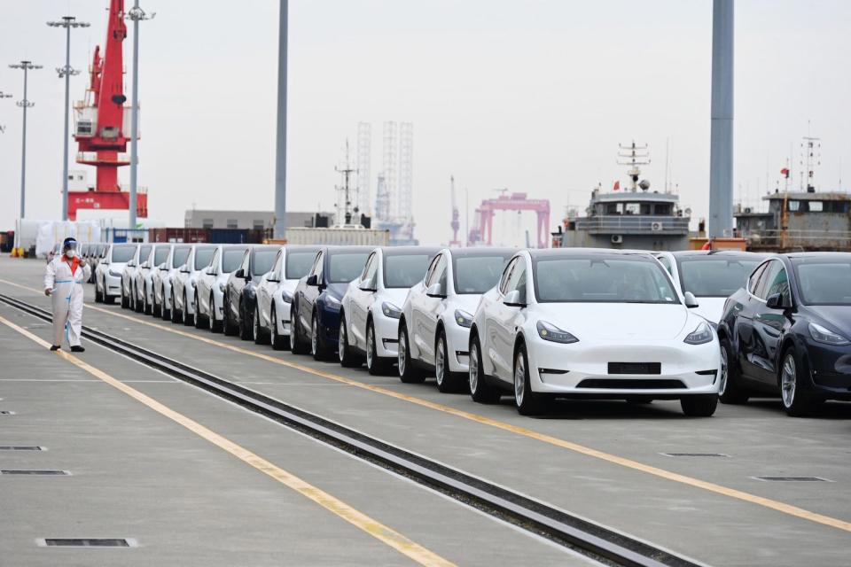 Tesla Model Y and Model 3 electric vehicles, which will be sent to the Port of Zeebrugge in Belgium