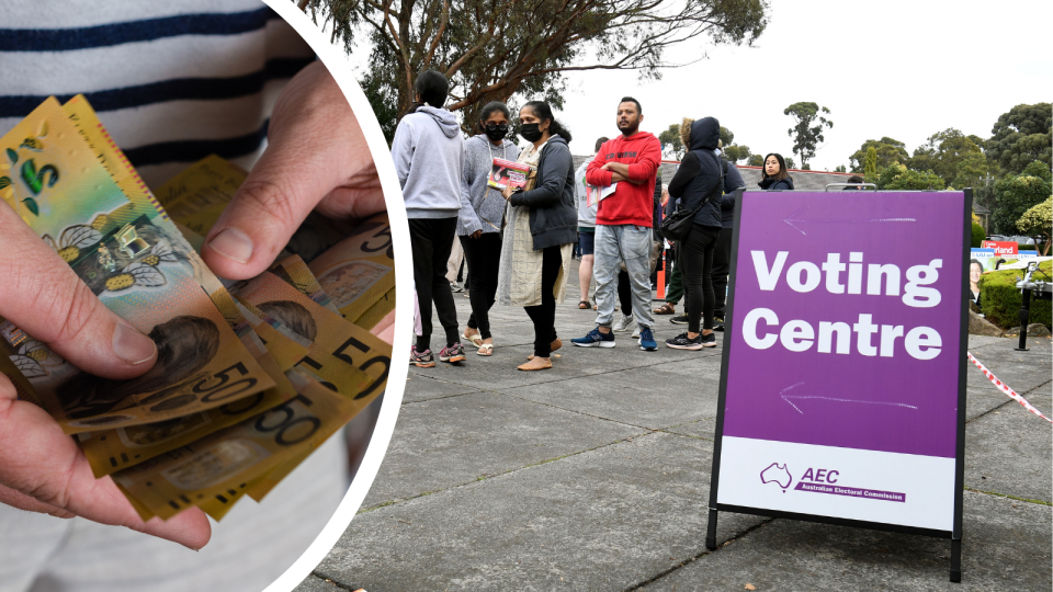 A person holding Australian $50 notes to signify the amount someone may have to pay in a fine and people line up at a centre to vote.