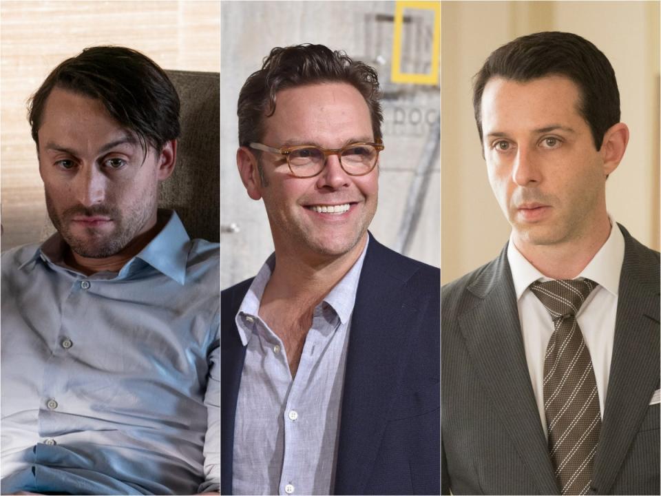 Kieran Culkin as Roman, alongside James Murdoch and Jeremy Strong as Kendall (Sky, Getty)