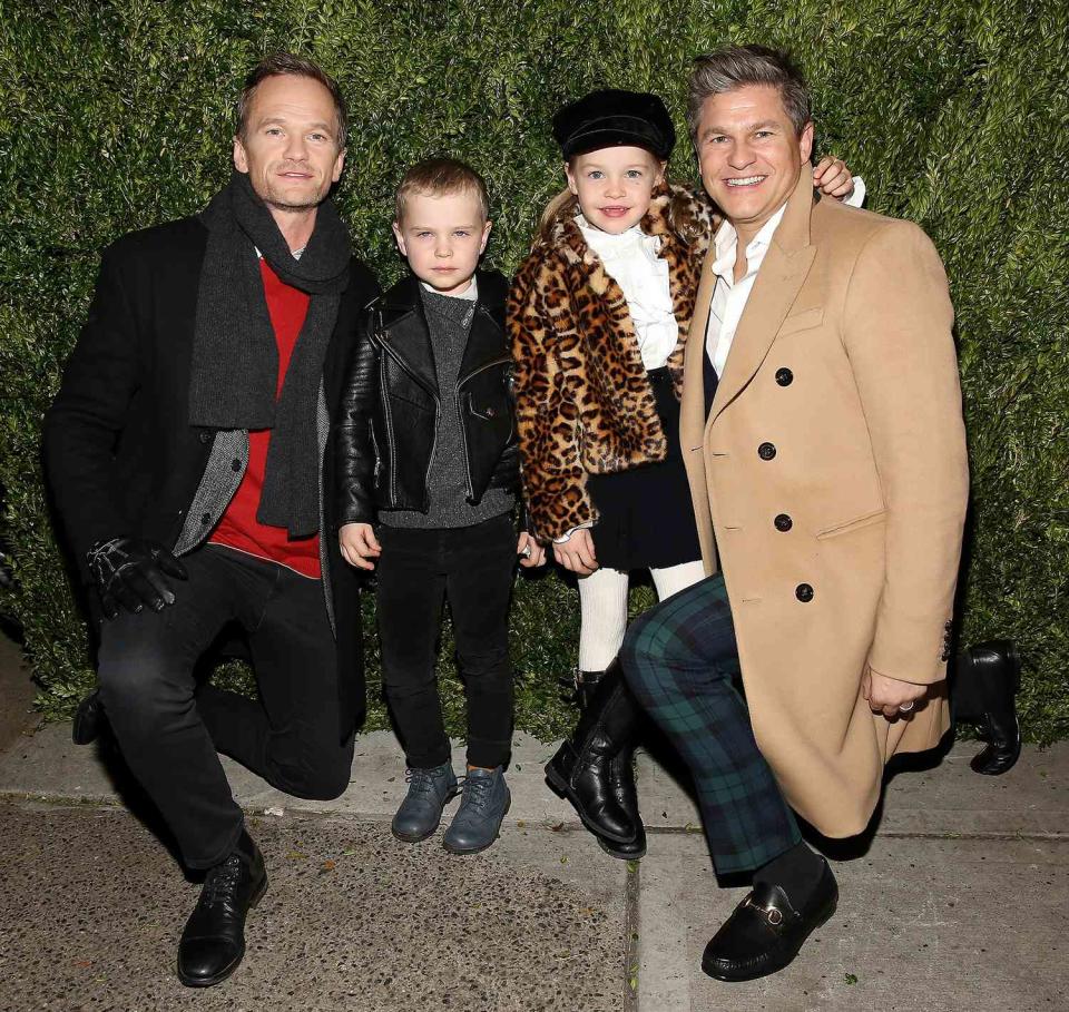 Neil Patrick Harris, Gideon Scott Burtka-Harris, Harper Grace Burtka-Harris, and actor David Burtka attend the 2017 Saks Fifth Avenue Holiday Window Unveiling And Light Show at Saks Fifth Avenue on November 20, 2017 in New York City