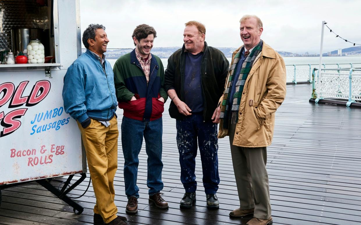 Phaldut Sharma, Iwan Rheon, Mark Lewis Jones and Colin White in Men Up