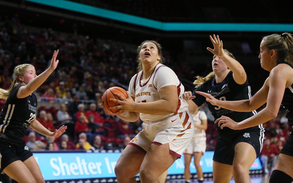 Iowa State Cyclones center Audi Crooks (55) looks for a shot against Truman State during the second quarter in an exhibition game at Hilton Coliseum, 2023, in Ames, Iowa.