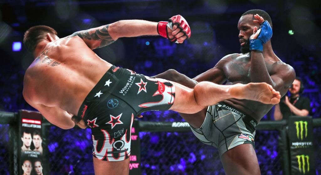   Fabian Edwards, right, in action against Johnny Eblen during their Middleweight fight during the the Bellator 299 at 3 Arena in Dublin. 