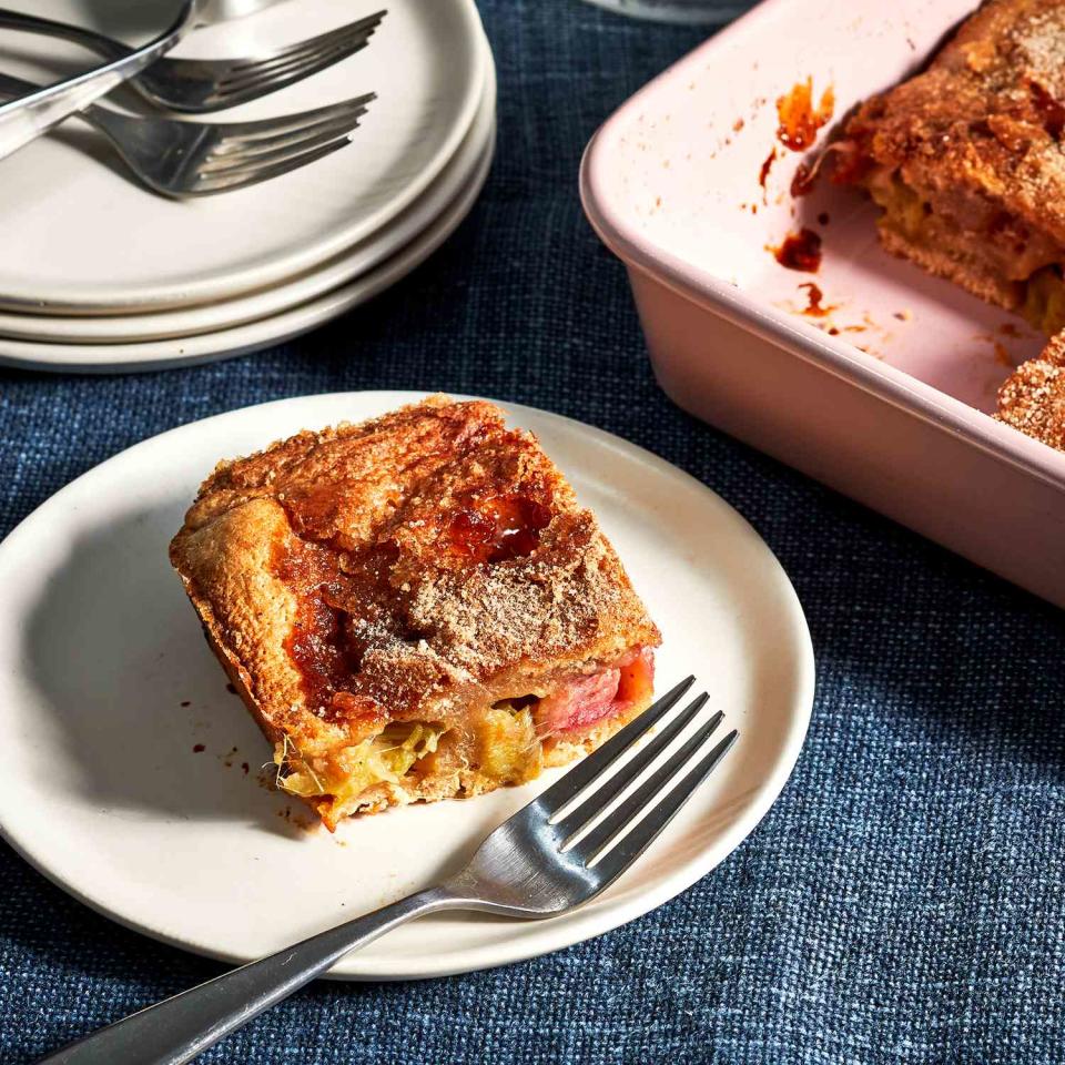 <p>Chunks of rhubarb accent this moist, tender cake. Sprinkle cinnamon and sugar over the batter before baking to create a crisp top. Enjoy a slice of rhubarb cake for breakfast or dessert. <a href="https://www.eatingwell.com/recipe/247713/crackle-topped-rhubarb-coffee-cake/" rel="nofollow noopener" target="_blank" data-ylk="slk:View Recipe;elm:context_link;itc:0;sec:content-canvas" class="link ">View Recipe</a></p>