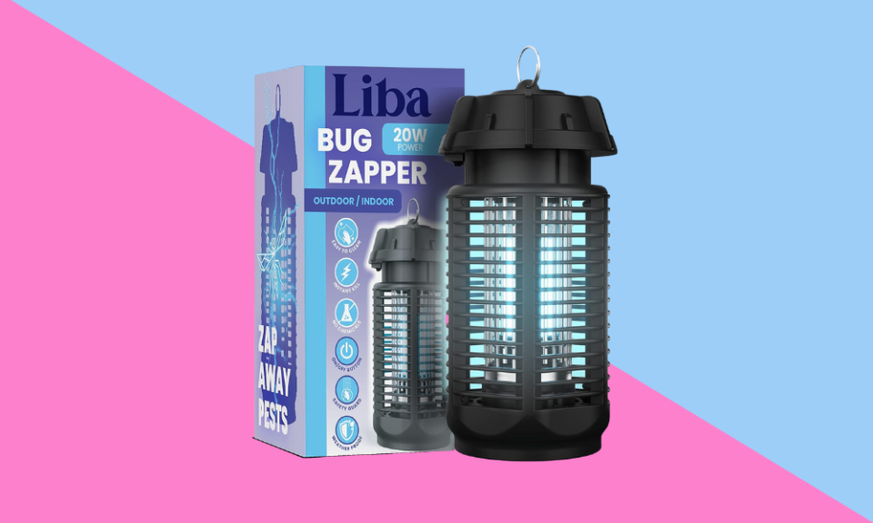 black Liba bug zapper on pink and blue background