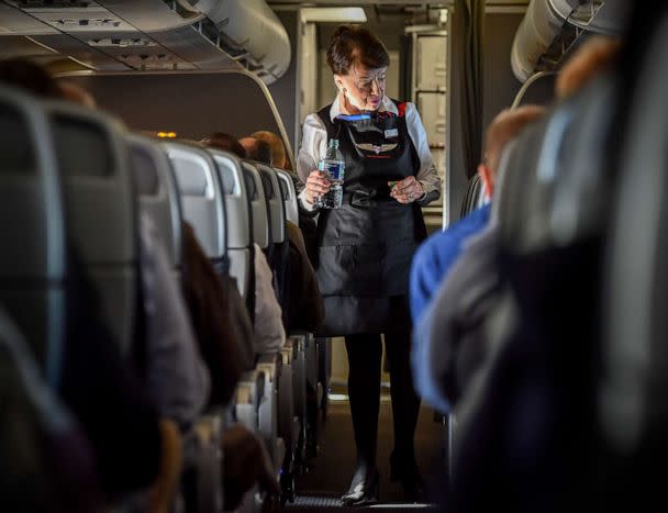 PHOTO: In this Nov. 9, 2017, file photo, American Airlines Flight Attendant Bette Nash checks on her passengers en route from Boston to DCA. (The Washington Post via Getty Images, FILE)