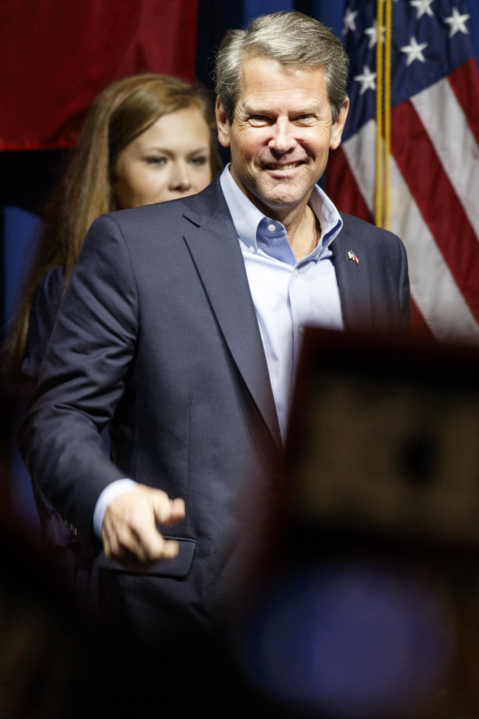 Staff photo by C.B. Schmelter / Republican gubernatorial candidate Brian Kemp takes the stage during a "Get Out The Vote" rally at the Dalton Convention Center on Thursday, Nov. 1, 2018 in Dalton, Ga. Republican Brian Kemp is facing off against Democrat Stacey Abrams for governor in Georgia.(C.B. Schmelter/Chattanooga Times Free Press via AP)