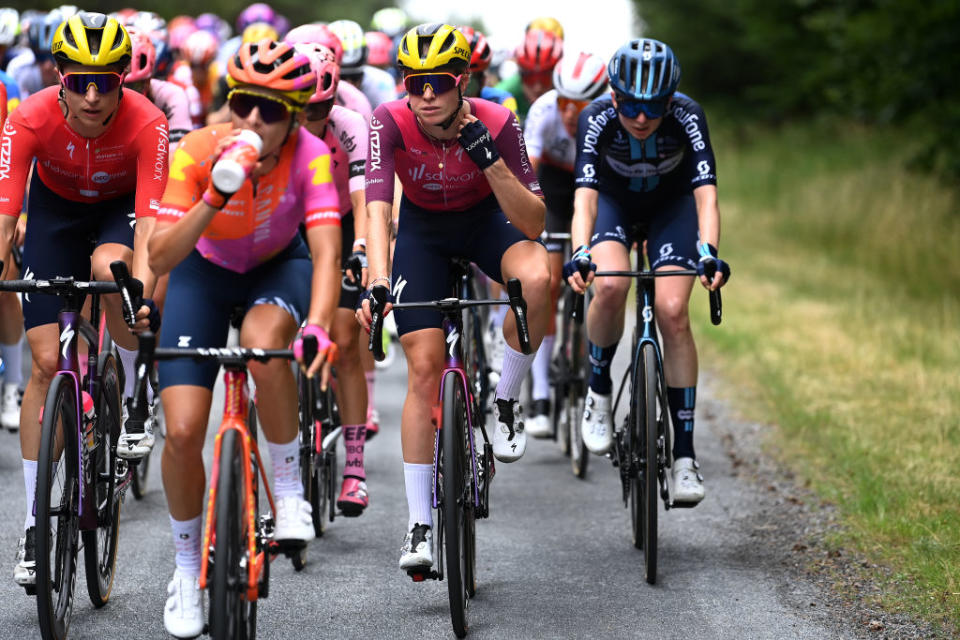 MAURIAC FRANCE  JULY 24 LR Marlen Reusser of Switzerland and Demi Vollering of The Netherlands and Team SD Worx  Protime  Pink UCI Womens WorldTour Leader Jersey compete during the 2nd Tour de France Femmes 2023 Stage 2 a 1517km stage from ClermontFerrand to Mauriac  UCIWWT  on July 24 2023 in Mauriac France Photo by Tim de WaeleGetty Images