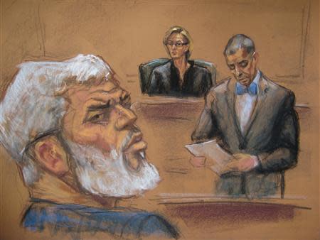 Courtroom deputy Joseph Pecorino (R) reads the verdict alongside Judge Katherine Forrest (background) and Abu Hamza al-Masri (L), the radical Islamist cleric facing U.S. terrorism charges, in this artist's sketch in New York May 19, 2014. REUTERS/Jane Rosenberg