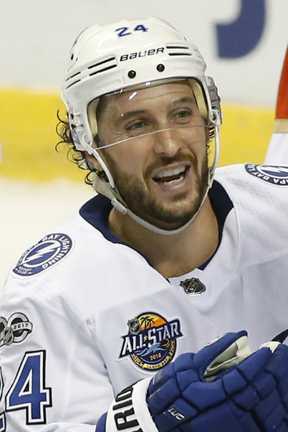 FILE - In this Sept. 26, 2017, file photo, Tampa Bay Lightning right wing Ryan Callahan is shown during the third period of an NHL preseason hockey game against the Florida Panthers, in Sunrise, Fla. Callahan was interested in going into management after his NHL playing career ended because of degenerative disk disease in his back. Because he still has a year left on his contract, the 34-year-old couldn’t do that and decided to move into television instead with NHL Network. It’s a move that could create a road map for other injured players to stay in hockey. (AP Photo/Wilfredo Lee, File)