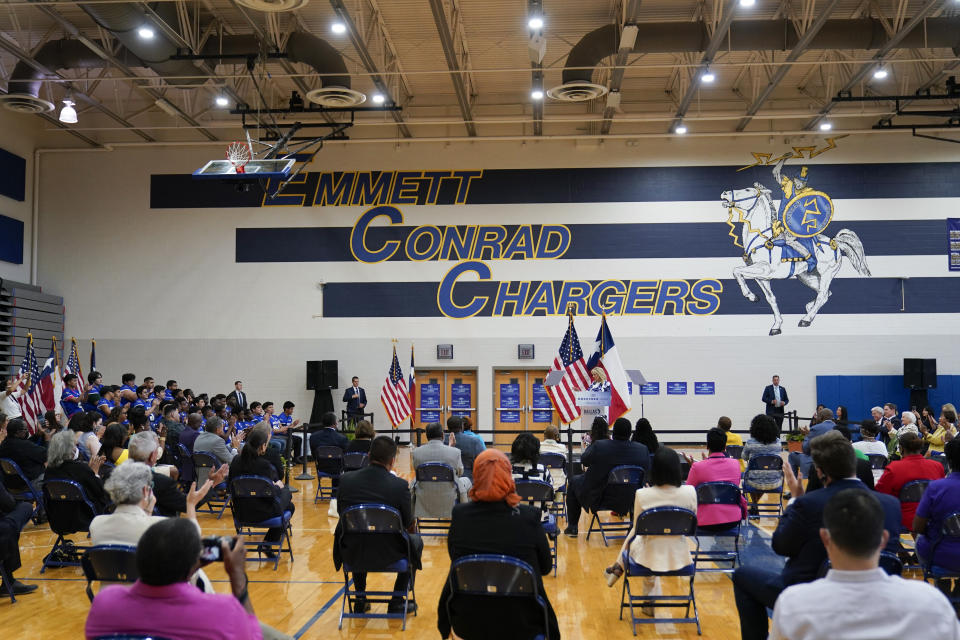 First lady Jill Biden speaks at Emmett J. Conrad High School in Dallas, Tuesday, June 29, 2021. (AP Photo/Carolyn Kaster, Pool)