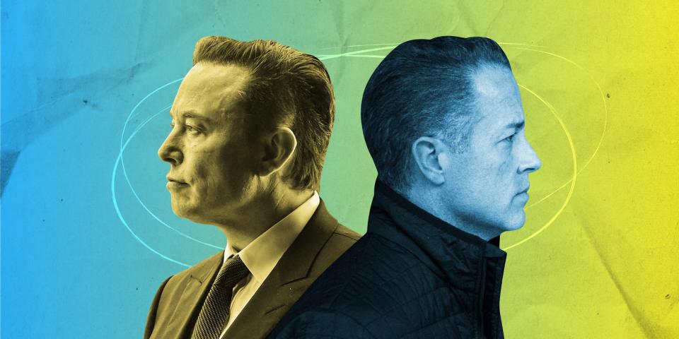 Elon Musk and Jared Birchall back to back on yellow and blue background 2x1