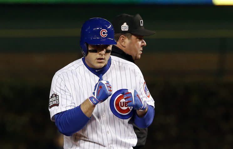 Chicago Cubs' Anthony Rizzo reacts after hitting a double during the fourth inning of Game 5 of the Major League Baseball World Series against the Cleveland Indians, Sunday, Oct. 30, 2016, in Chicago. (AP Photo/Nam Y. Huh)