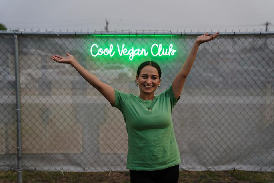 Ingrid Monserrat, 35, owner of María Cruz Cuisine, poses for a photo at Vegan Fest in Elsa, Texas on May 11, 2024. “When I became a vegan there wasn’t any restaurants open. So mine was a juice bar and vegan restaurant. I did it [becoming a vegan] because of my own personal health, for the environment, and for the animals.”
Verónica Gabriela Cárdenas for The Texas Tribune