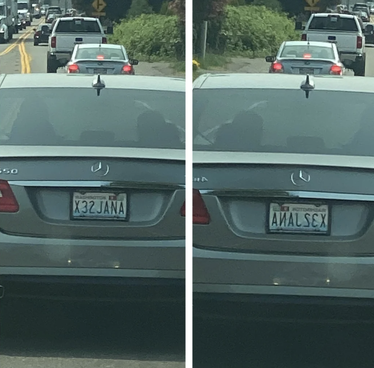 A license plates that reads "Anal Sex" when read backwards