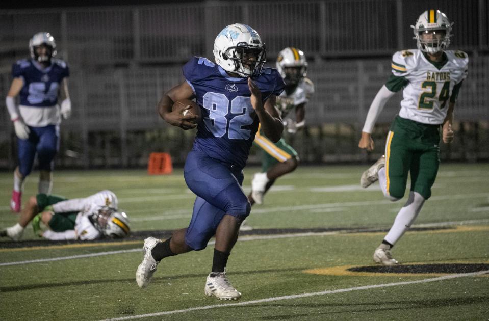 Fred Harley of Oasis gets a long run against Glades Day on Thursday, Oct. 26, 2023, in Fort Myers.