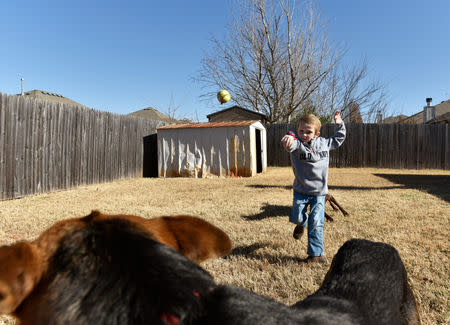 Stephanie Oakley's son, who suffers from a rare form of cancer, plays fetch with his dog at his family's new home in Oklahoma City, Oklahoma, U.S. November 26, 2018.REUTERS/Nick Oxford