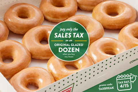 On Monday, April 15, purchase an Original Glazed® or Assorted dozen in shop and pay only the sales tax for a second Original Glazed® dozen. (Photo: Business Wire)