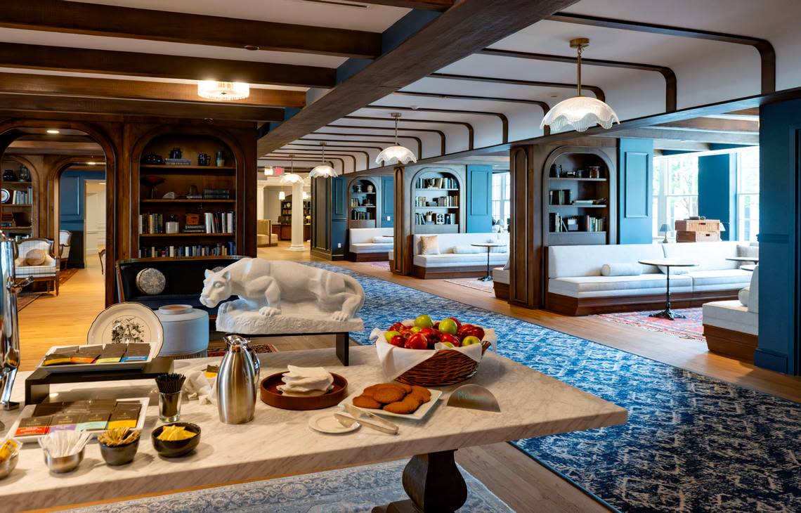 The Nittany Lion Inn’s renovated lobby features the traditional basket of apples.