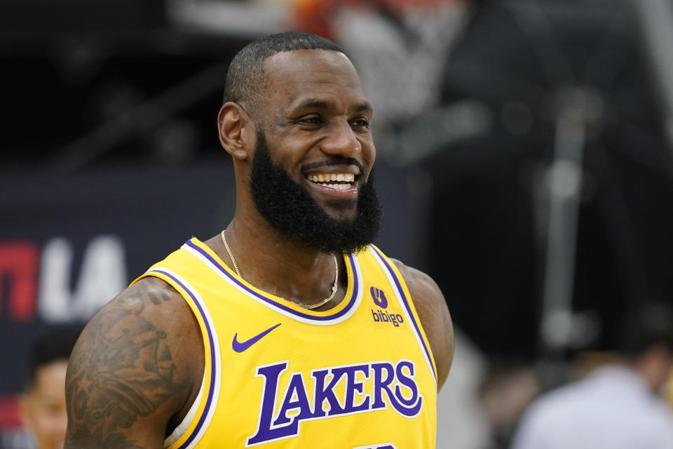 Los Angeles Lakers forward LeBron James smiles during the team's media day on Oct. 2. (AP Photo/Ryan Sun)