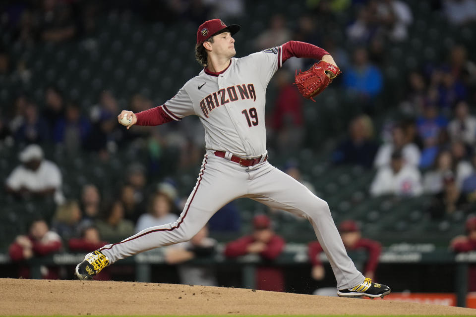 Arizona Diamondbacks starting pitcher Ryne Nelson throws to a Chicago Cubs batter during the first inning of a baseball game Thursday, Sept. 7, 2023, in Chicago. (AP Photo/Erin Hooley)